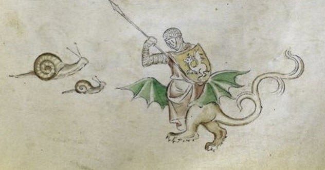 تصویر سازی مبارزه شوالیه با حلزون دوره قرون وسطی نقاشی و کتاب‌های گوتیک